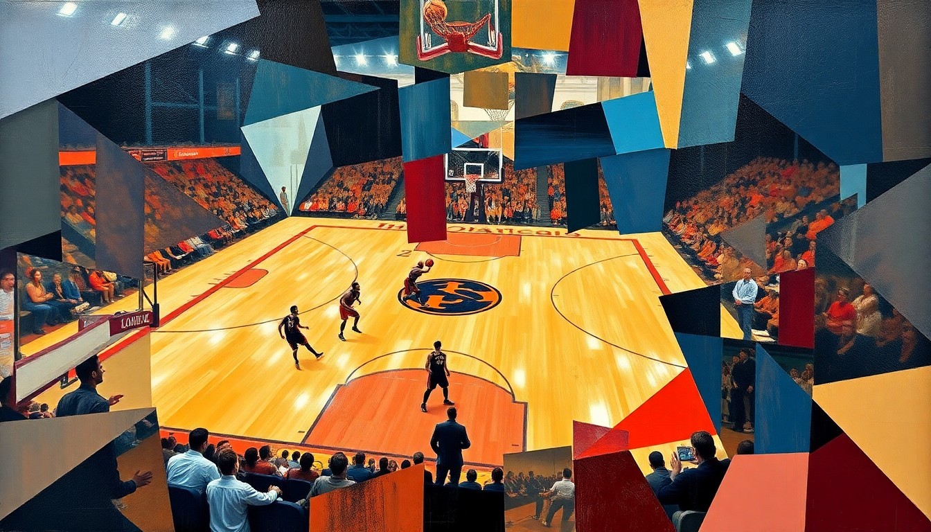 A fragmented, geometric painting depicting a basketball game or match, with sharp, overlapping planes of color and form conveying the dynamic energy and strategic challenges of the Denver Nuggets