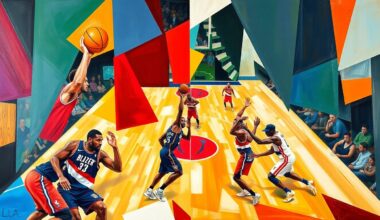 A cubist-style painting depicting a basketball game broken down into sharp, overlapping geometric planes in vibrant colors, representing the Blazers