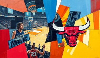 A fragmented, geometric painting depicting a basketball game or match, with sharp, overlapping planes of color and form representing the dynamic action on the court.