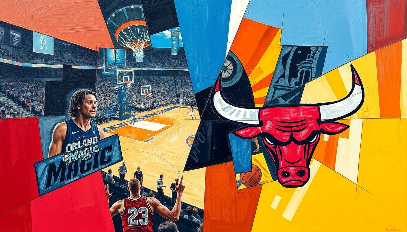 A fragmented, geometric painting depicting a basketball game or match, with sharp, overlapping planes of color and form representing the dynamic action on the court.