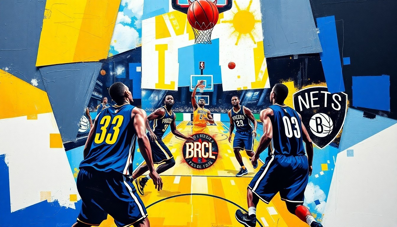 A fractured, cubist-style painting depicting a basketball game, with the players and court broken down into sharp, overlapping geometric shapes in the Pacers