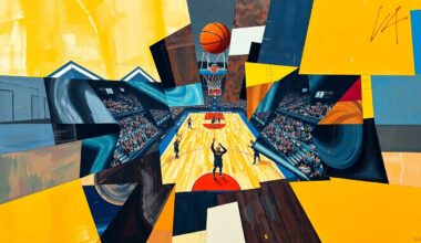 A cubist, geometric painting depicting a basketball game, with overlapping shapes and planes of color representing the players and action on the court.
