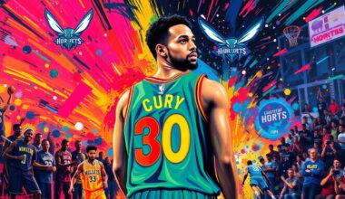 An abstract, expressionist painting in vibrant neon colors depicting the energy and emotion of a basketball jersey retirement ceremony, with a central figure of a player in the Hornets