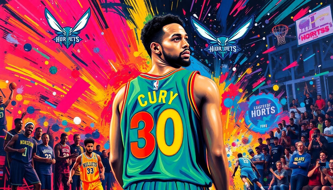 An abstract, expressionist painting in vibrant neon colors depicting the energy and emotion of a basketball jersey retirement ceremony, with a central figure of a player in the Hornets
