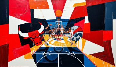 An abstract, cubist-style painting depicting a basketball game between the Chicago Bulls and Washington Wizards, with the players