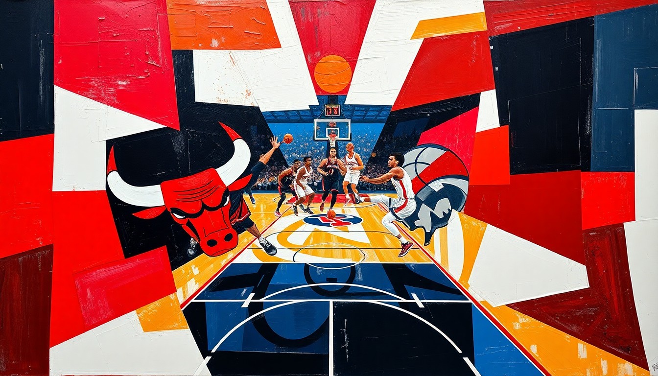 An abstract, cubist-style painting depicting a basketball game between the Chicago Bulls and Washington Wizards, with the players