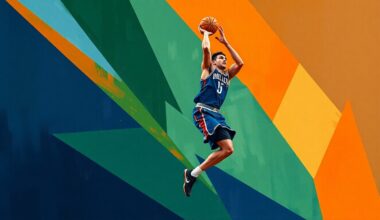 A cubist-style painting featuring overlapping geometric shapes in shades of blue, green, and orange, representing the dynamic movements and skills of basketball player Jayson Tatum.