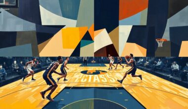 A fragmented, geometric painting depicting the dynamic action of a basketball game between the Utah Jazz and Memphis Grizzlies, with the players and court rendered in an abstract, cubist style.