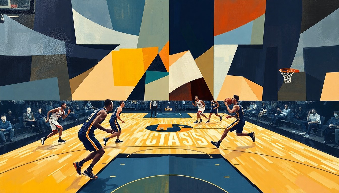 A fragmented, geometric painting depicting the dynamic action of a basketball game between the Utah Jazz and Memphis Grizzlies, with the players and court rendered in an abstract, cubist style.