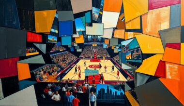 A fragmented, geometric painting depicting a basketball game in motion, with overlapping shapes and planes representing the dynamic action on the court.