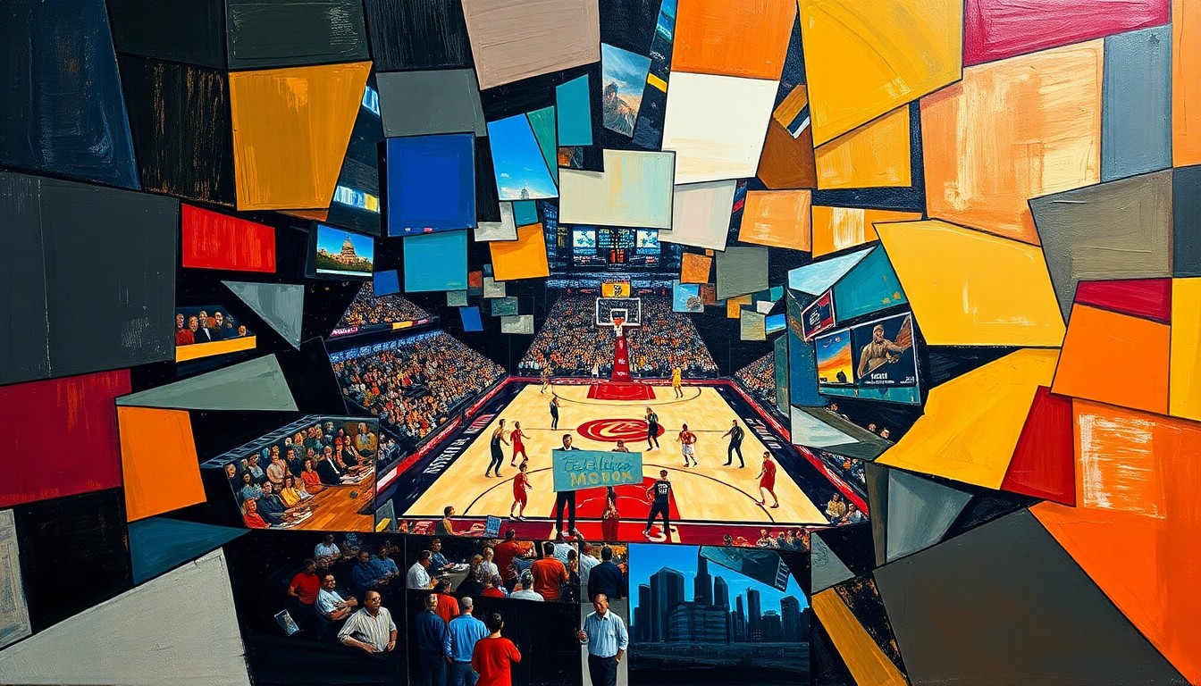 A fragmented, geometric painting depicting a basketball game in motion, with overlapping shapes and planes representing the dynamic action on the court.