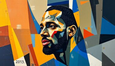 A fractured, geometric painting depicting the various stages and challenges of Chris Paul