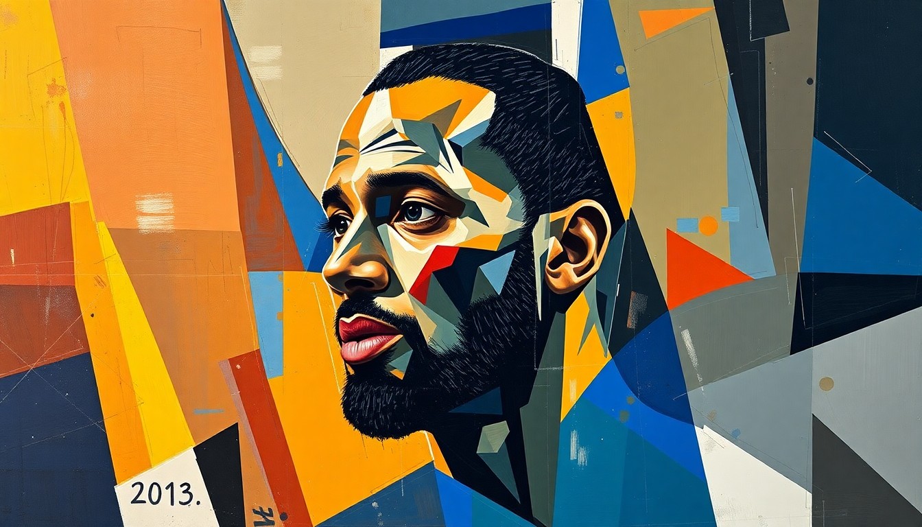 A fractured, geometric painting depicting the various stages and challenges of Chris Paul