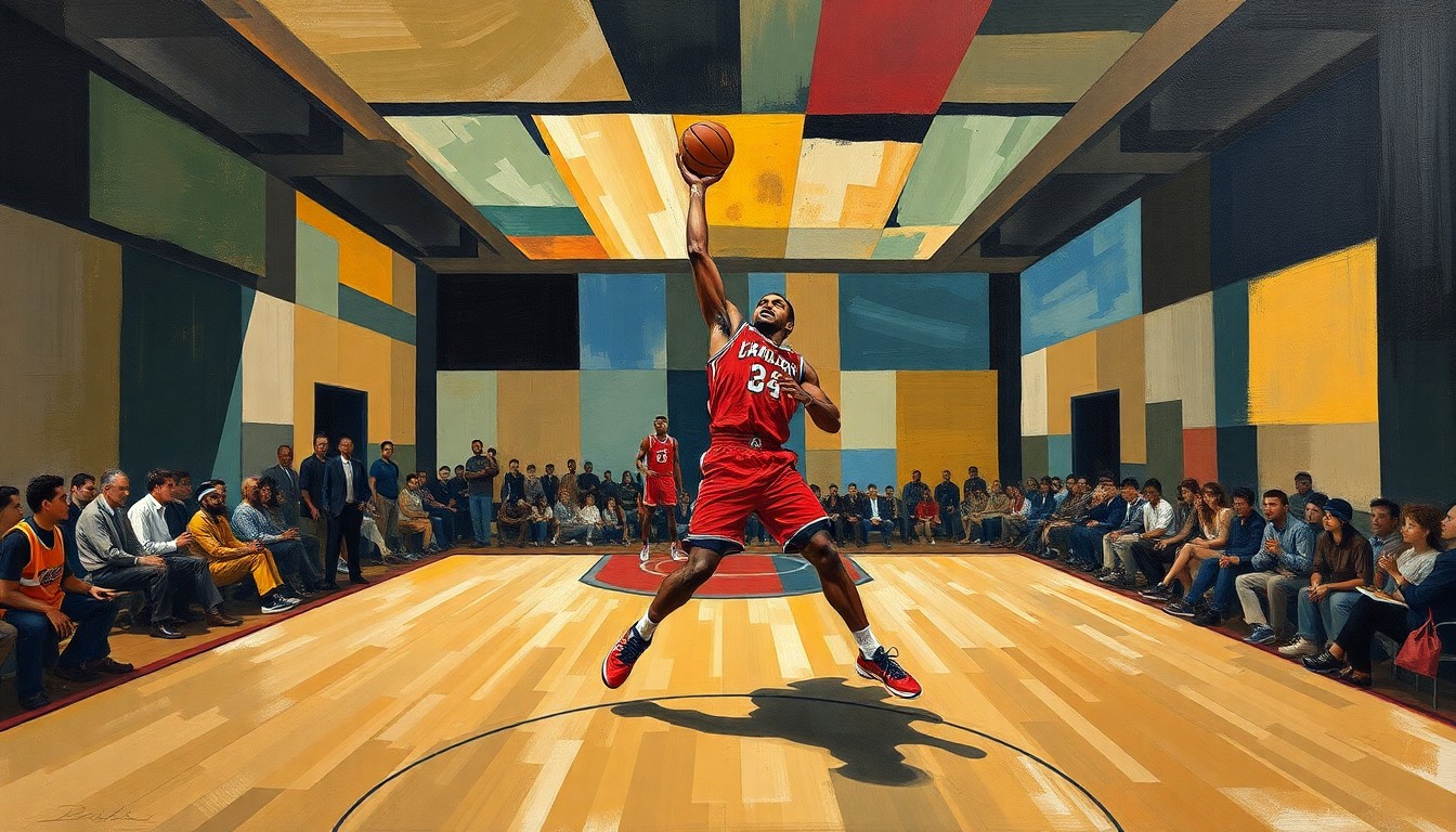 A cubist, geometric painting depicting Jalen Duren
