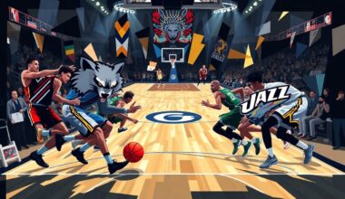 A cubist-style painting featuring sharp, overlapping geometric planes that depict the action and movement of a basketball game, with no recognizable faces or logos.