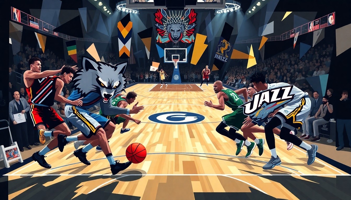 A cubist-style painting featuring sharp, overlapping geometric planes that depict the action and movement of a basketball game, with no recognizable faces or logos.