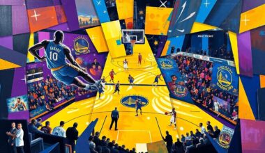 A fractured, multi-perspective painting featuring sharp, overlapping geometric planes in the colors of the Lakers and Warriors, capturing the dynamic energy of their basketball matchup.