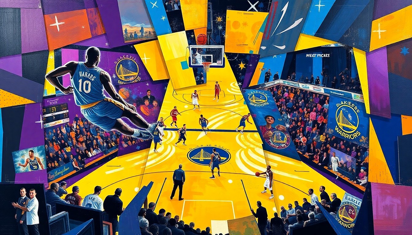 A fractured, multi-perspective painting featuring sharp, overlapping geometric planes in the colors of the Lakers and Warriors, capturing the dynamic energy of their basketball matchup.
