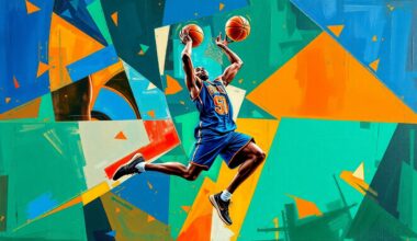 A fragmented, geometric painting depicting the fluid movements and skills of a basketball player, rendered in a vibrant color palette of blues, oranges, and greens, conceptually representing the rising star power of a young NBA talent.