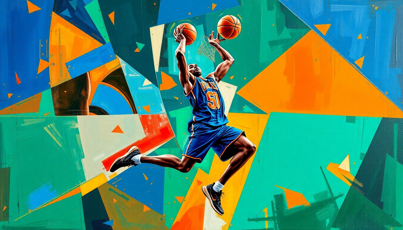 A fragmented, geometric painting depicting the fluid movements and skills of a basketball player, rendered in a vibrant color palette of blues, oranges, and greens, conceptually representing the rising star power of a young NBA talent.