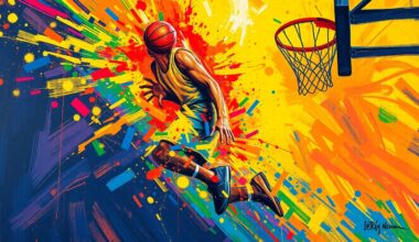 An abstract, expressionist painting in vibrant neon colors depicting the dynamic motion and energy of a basketball player driving to the hoop, with the player