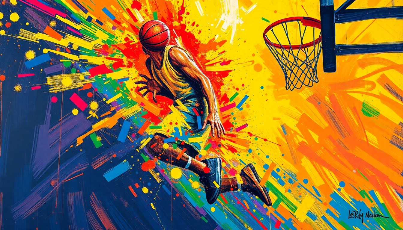 An abstract, expressionist painting in vibrant neon colors depicting the dynamic motion and energy of a basketball player driving to the hoop, with the player