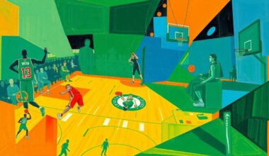 A cubist-style painting featuring overlapping geometric shapes and planes in shades of green, blue, and orange, conceptually representing the dynamics of a basketball game between the Boston Celtics and New Orleans Pelicans.
