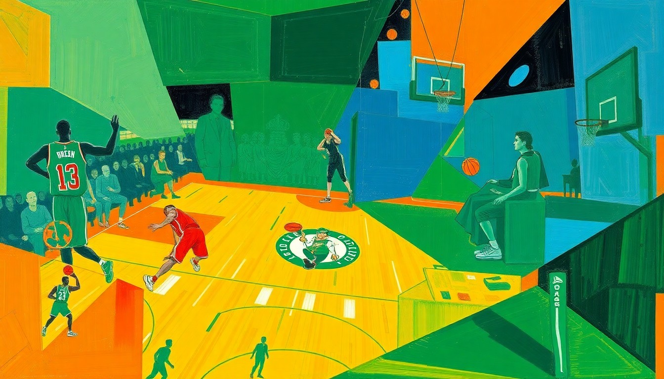 A cubist-style painting featuring overlapping geometric shapes and planes in shades of green, blue, and orange, conceptually representing the dynamics of a basketball game between the Boston Celtics and New Orleans Pelicans.