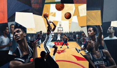 A fractured, cubist-style painting depicting a basketball game between the San Antonio Spurs and another Western Conference team. The players