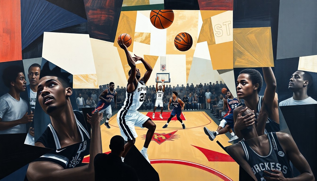 A fractured, cubist-style painting depicting a basketball game between the San Antonio Spurs and another Western Conference team. The players