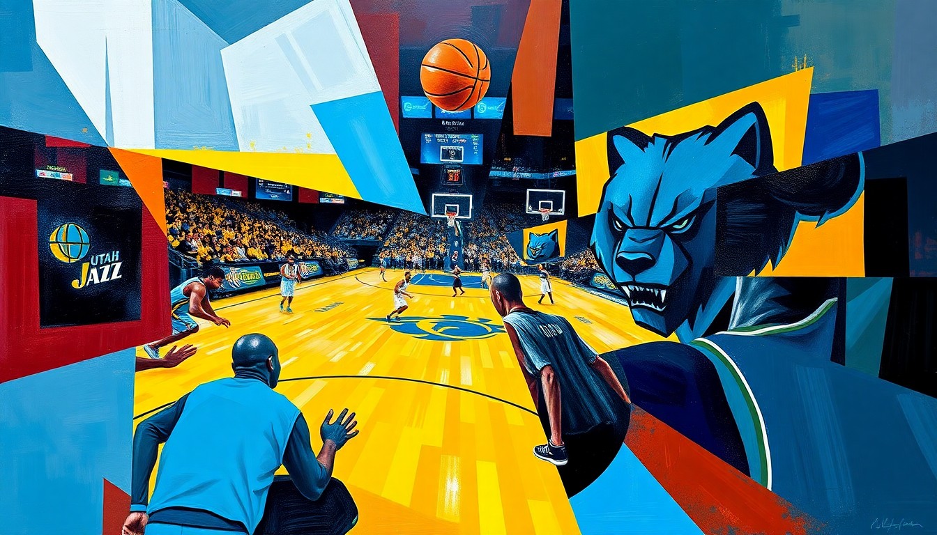 A dynamic, geometric painting in the style of Pablo Picasso depicting the action and movement of a basketball game, with the players and court broken down into sharp, overlapping planes of vibrant colors.
