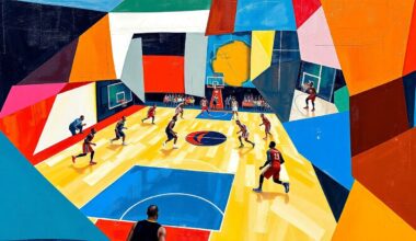 A fractured, multi-perspective painting in bold, angular shapes and vibrant colors, capturing the energy and movement of a basketball game through a cubist lens.