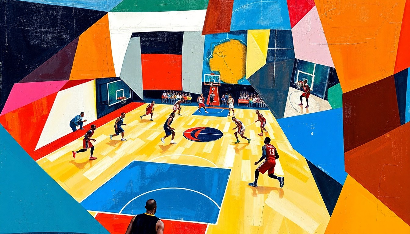 A fractured, multi-perspective painting in bold, angular shapes and vibrant colors, capturing the energy and movement of a basketball game through a cubist lens.