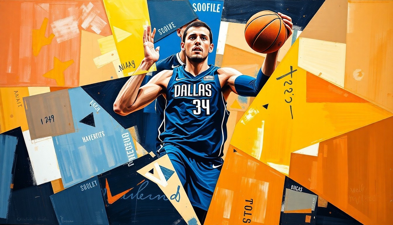 A fractured, multi-perspective painting in the style of Pablo Picasso, breaking down the dynamic energy and movements of a basketball player on the court into sharp, overlapping geometric planes and shapes.