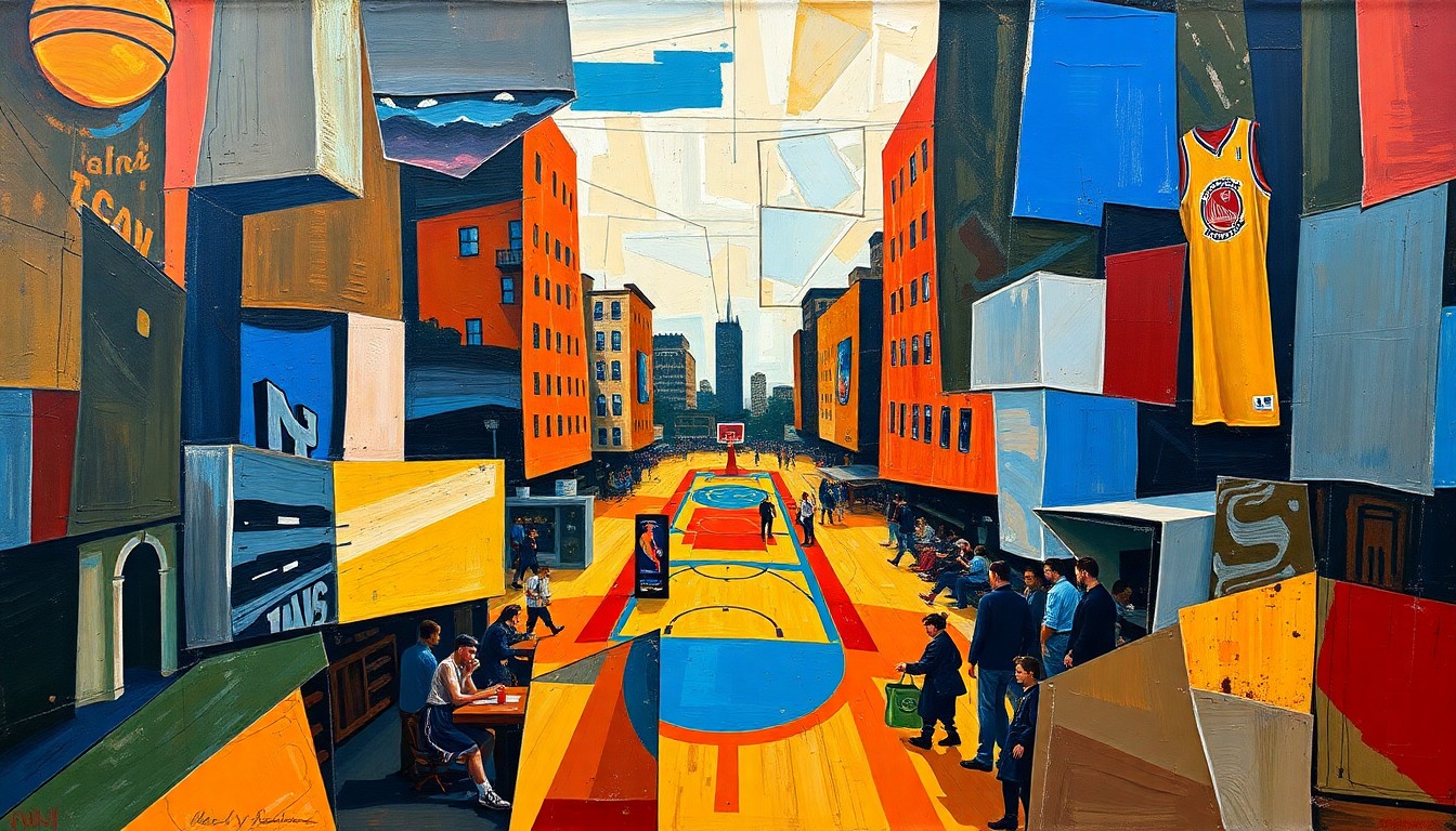 A cubist-style painting depicting an NBA trade deadline scene, with sharp, overlapping geometric shapes in vibrant colors representing the frenetic energy and uncertainty of the event.