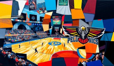 A fragmented, geometric painting in bold colors representing a basketball game between the Orlando Magic and New Orleans Pelicans, with overlapping planes and shapes conveying the competitive spirit of the matchup.