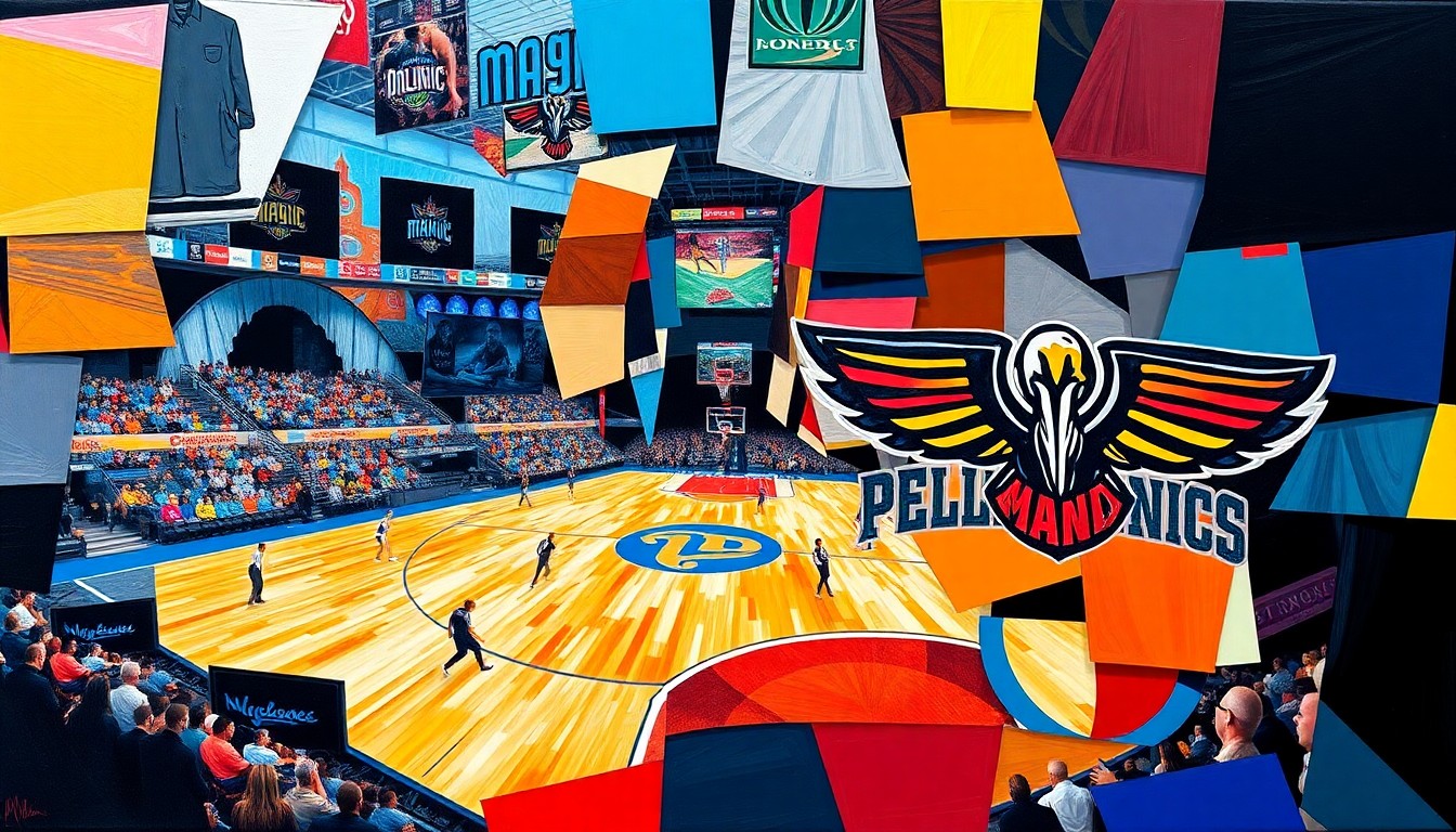 A fragmented, geometric painting in bold colors representing a basketball game between the Orlando Magic and New Orleans Pelicans, with overlapping planes and shapes conveying the competitive spirit of the matchup.