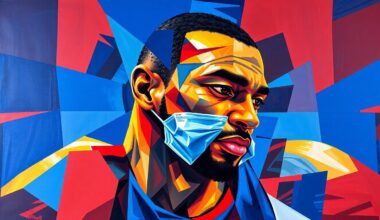 A fragmented, cubist-style painting depicting a basketball player