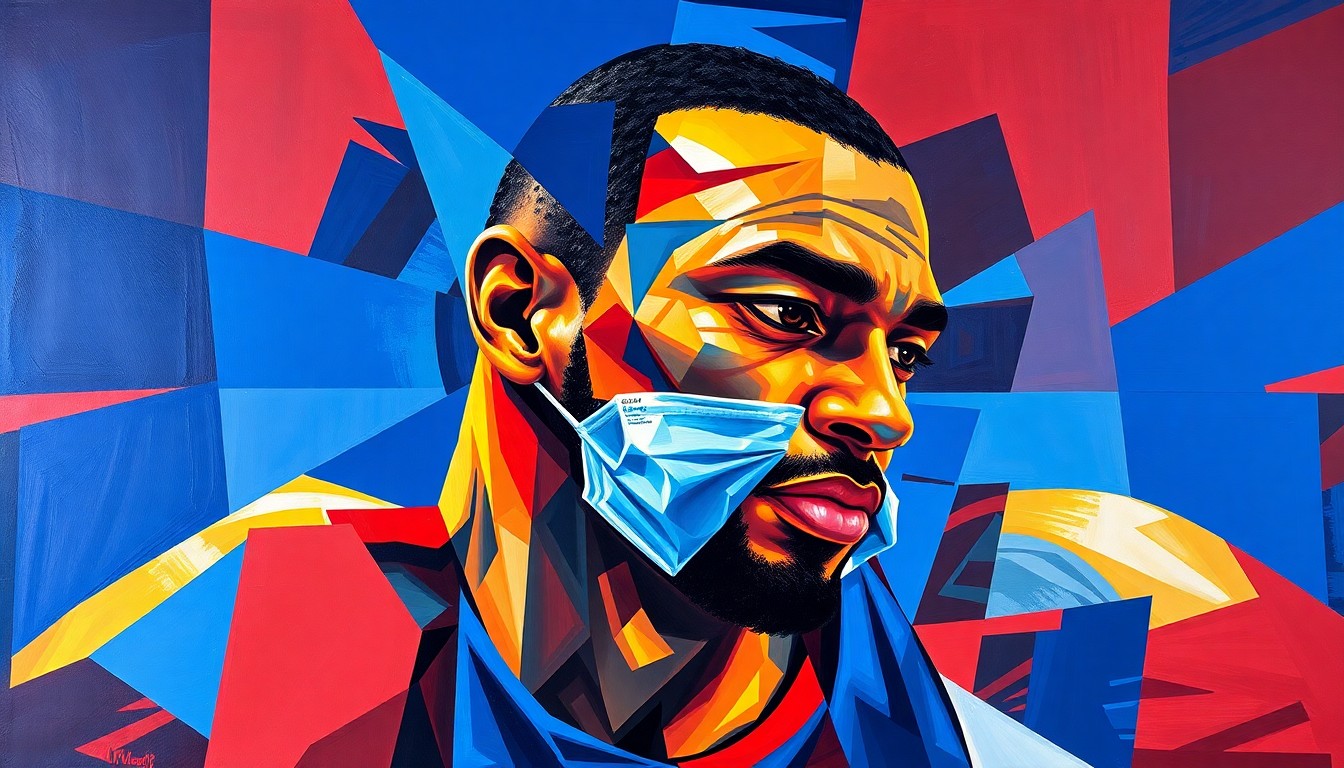 A fragmented, cubist-style painting depicting a basketball player