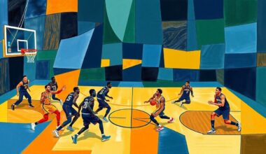 A heavily fragmented, cubist-style painting in shades of navy, green, and orange, depicting the dynamic movements and clashing forces of a basketball game between the Brooklyn Nets and Indiana Pacers.