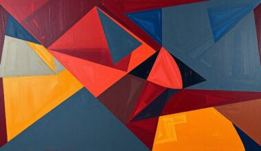 A cubist, geometric painting depicting a fragmented basketball game, with overlapping planes of wine red, navy blue, and gold, conceptually representing the Cavaliers