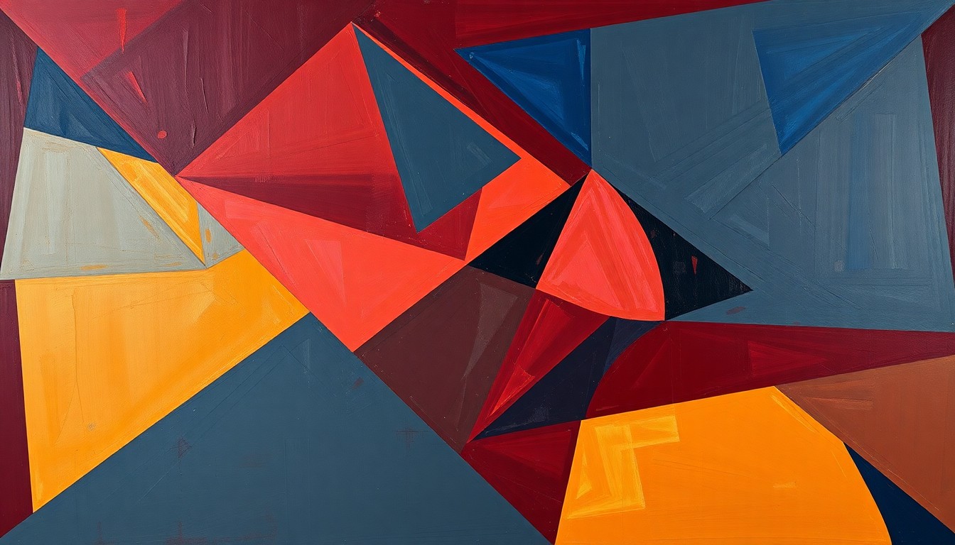 A cubist, geometric painting depicting a fragmented basketball game, with overlapping planes of wine red, navy blue, and gold, conceptually representing the Cavaliers