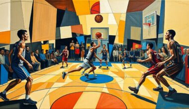 A cubist-style painting depicting a basketball game, with the players and court broken down into sharp, overlapping geometric shapes in a dynamic, fragmented composition.