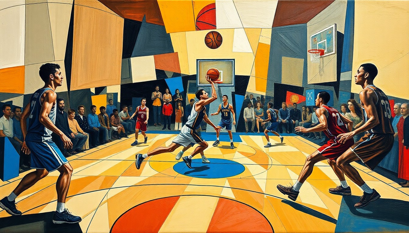 A cubist-style painting depicting a basketball game, with the players and court broken down into sharp, overlapping geometric shapes in a dynamic, fragmented composition.