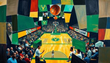 A fragmented, geometric painting depicting a basketball game, with overlapping shapes and planes representing the players and their movements on the court.