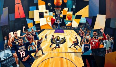 A fragmented, geometric painting depicting the motion and intensity of a basketball game, with players