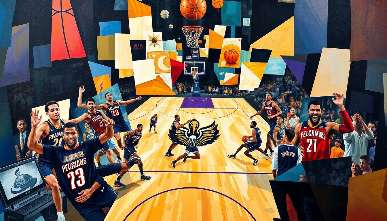 A fragmented, geometric painting depicting the motion and intensity of a basketball game, with players