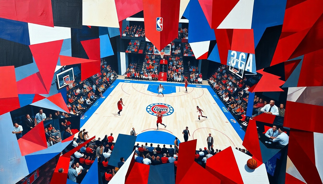 A fractured, multi-perspective painting in bold red, white, and blue geometric shapes, conceptually representing the emotional impact and strategic considerations behind the Clippers