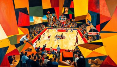 A fractured, multi-perspective painting depicting the energy and movement of a basketball game, with the players and court deconstructed into sharp, overlapping geometric shapes and planes in a vibrant, abstract composition.