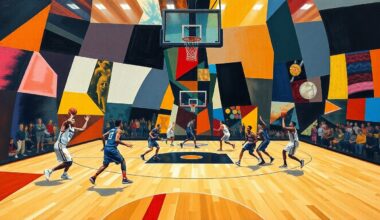 A fragmented, geometric painting depicting a basketball game, with players and the court broken down into abstract shapes and planes of color, conveying the complexity and intensity of the sport.